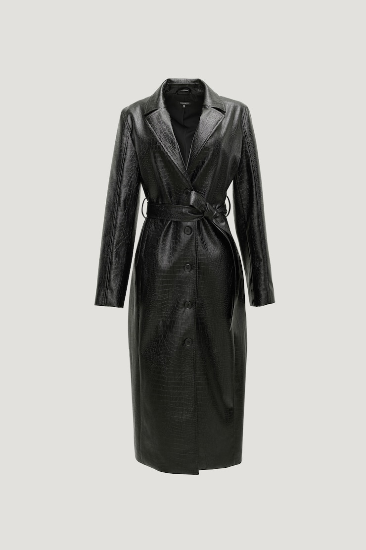 Croc Faux Leather Trench Coat Jet Black large