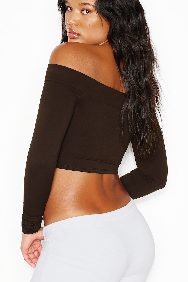 Sleek Off Shoulder Long Sleeve Top, Armadillo Brown, large