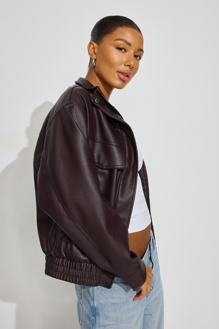 Oversized Faux Leather Bomber, Deep Burgundy, large