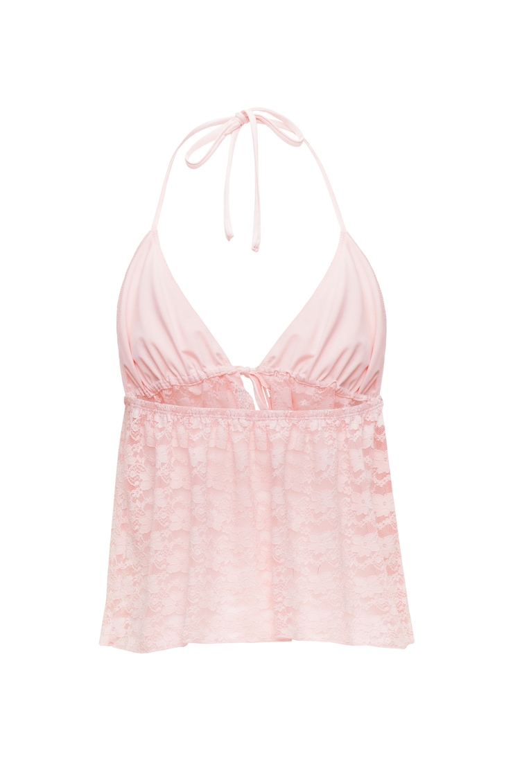 Lace Babydoll Flyaway Halter Top, Pink, large