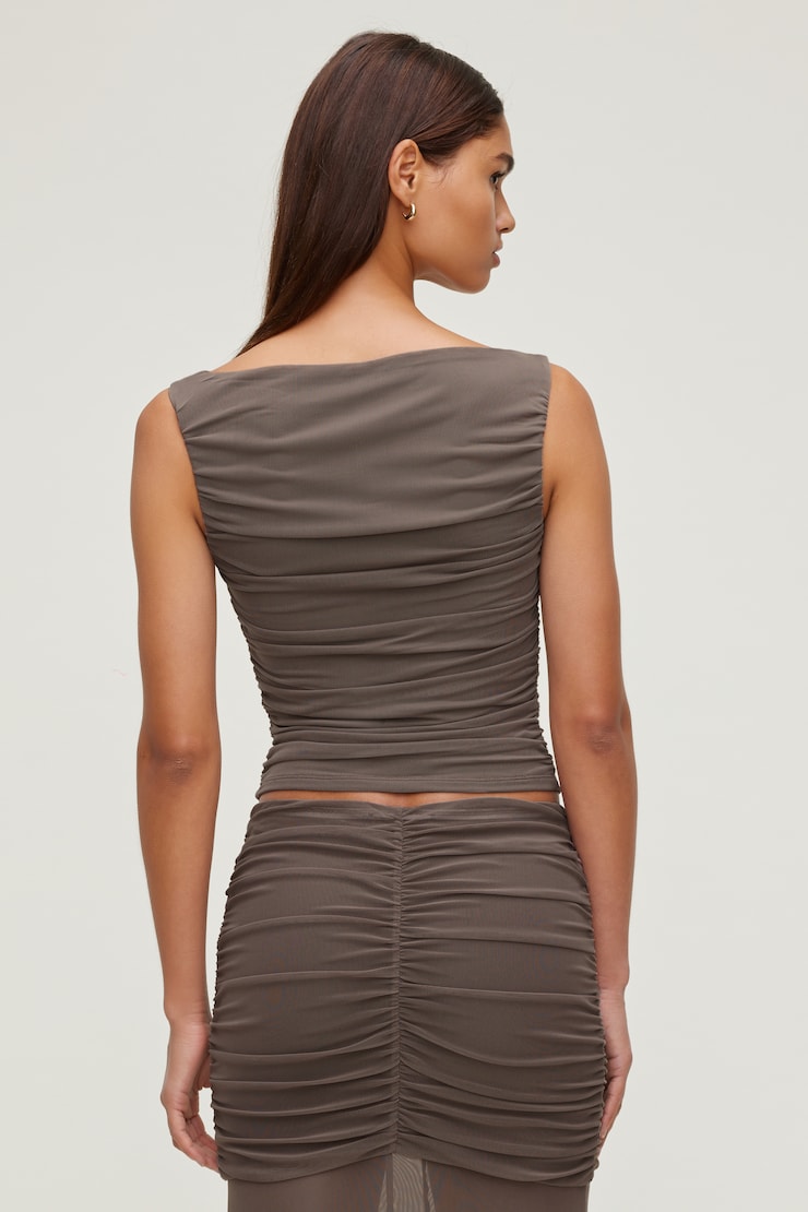 Ruched Mesh Tank Top Iron Taupe large