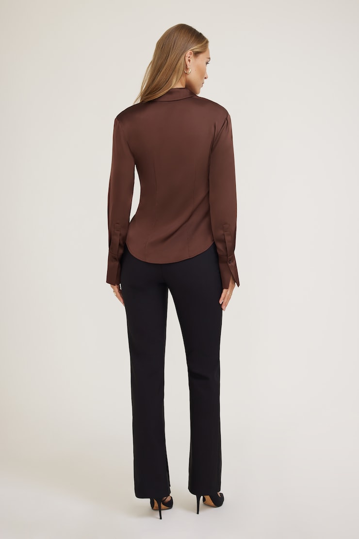 Eva Cinched Satin Shirt Bitter Chocolate Burgundy large