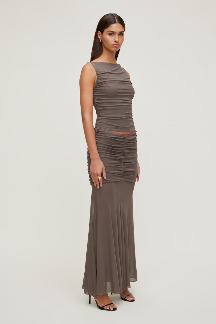 Ruched Mesh Tank Top Iron Taupe large