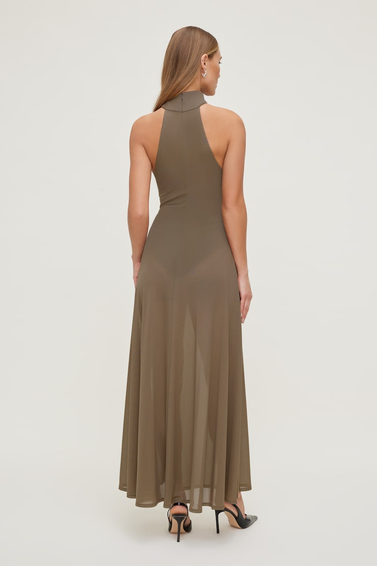 Sheer Mesh Halter Maxi Dress Wild Mushroom Brown large