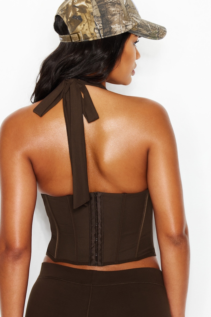 Plunge Halter Mesh Corset Top, Armadillo Brown, large