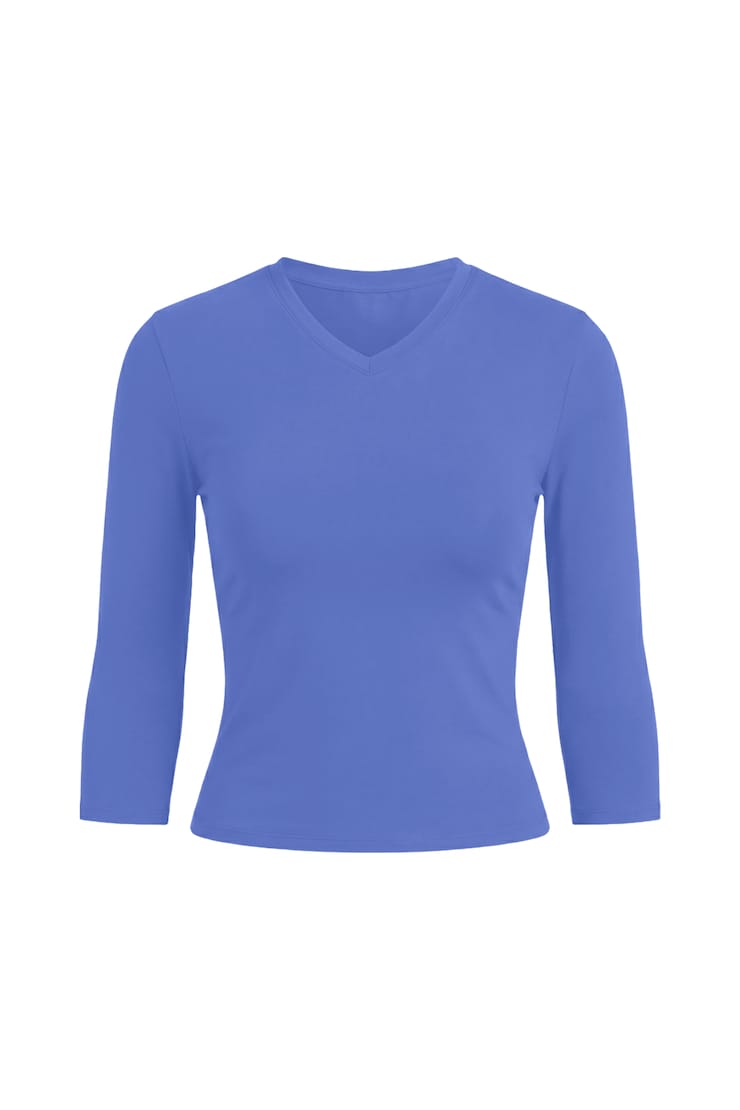 Sleek High V-Neck 3/4 Sleeve Top, Blue Blush, large