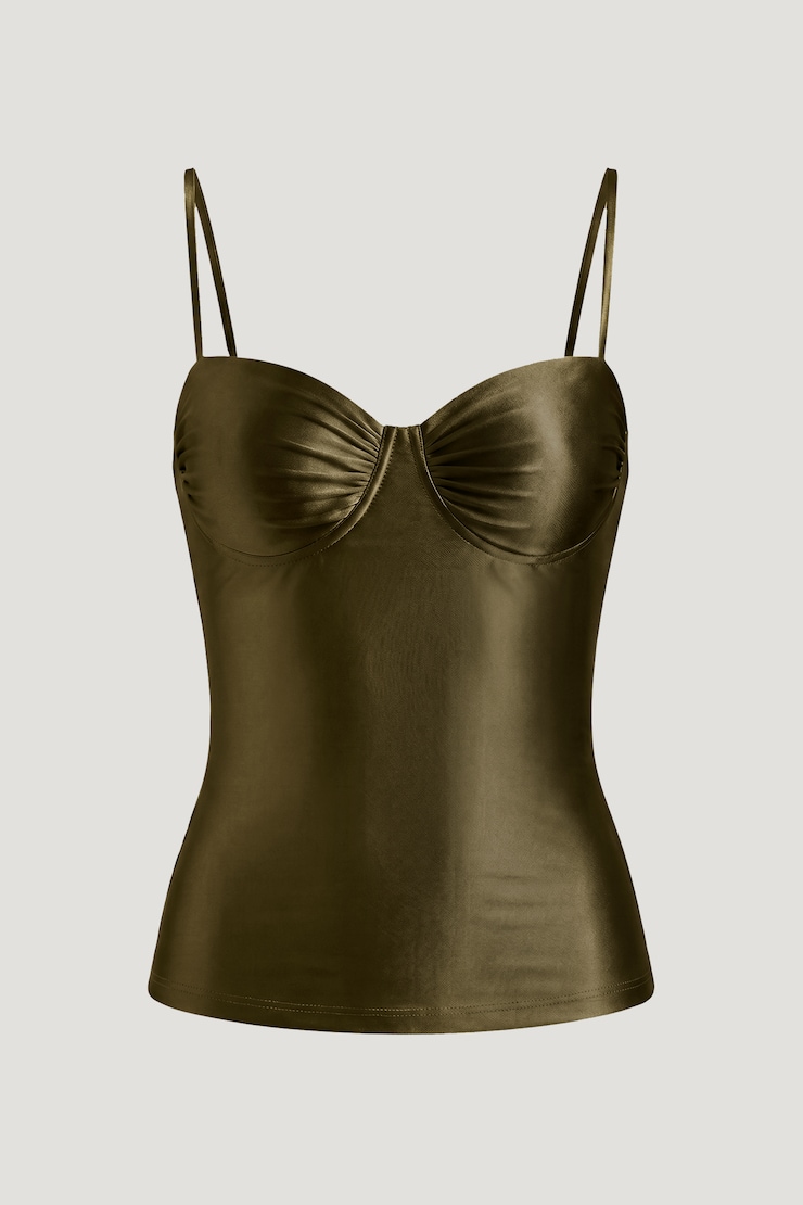 Monet Stretch Satin Top Dark Olive Khaki large