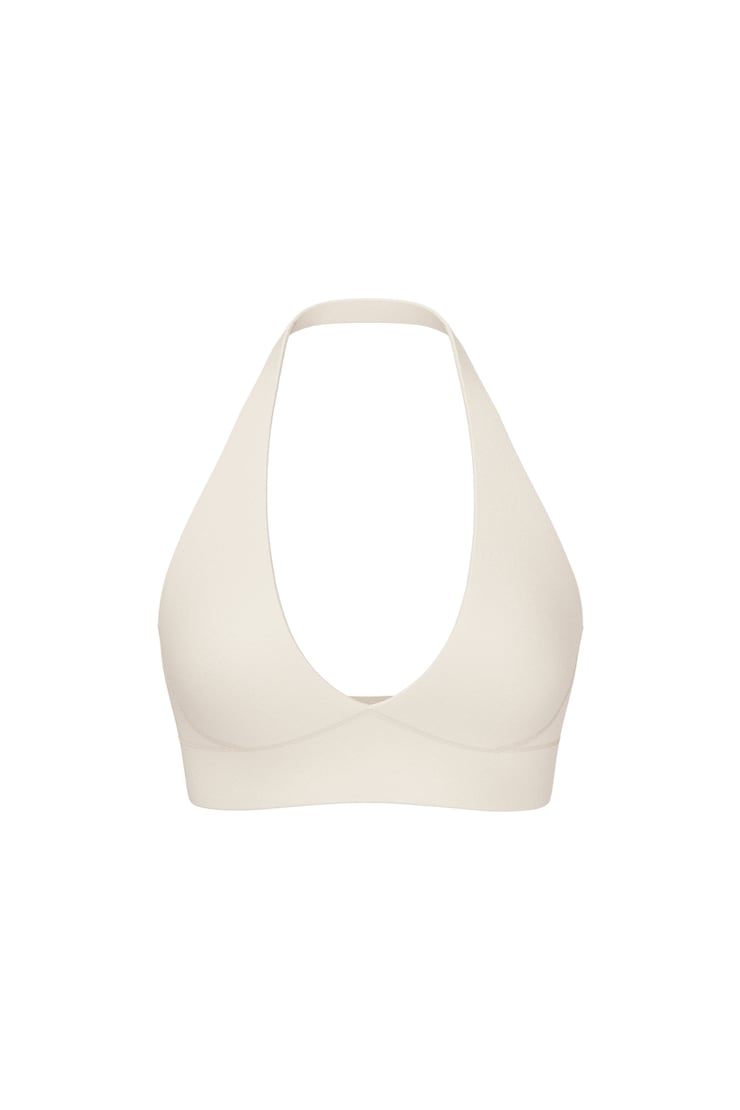 Active Plunge Halter Bra, Coconut Whip Beige, large