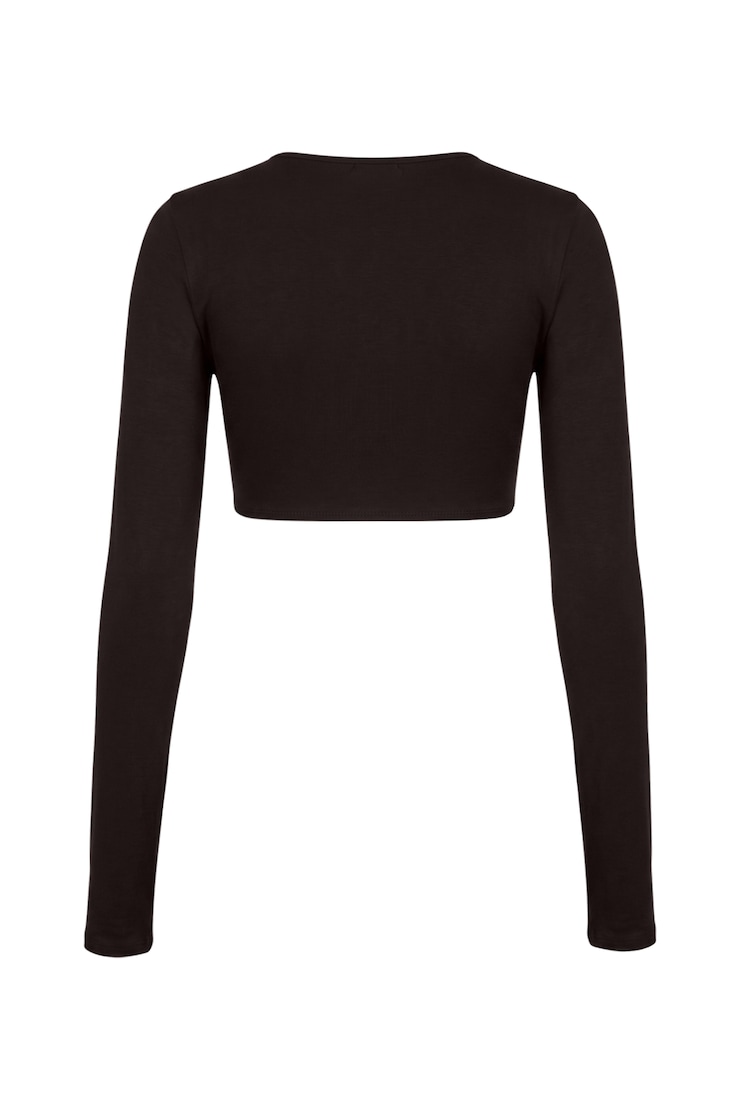 Sleek Tie Front Micro Long Sleeve Top, Chocolate Mousse Brown, large