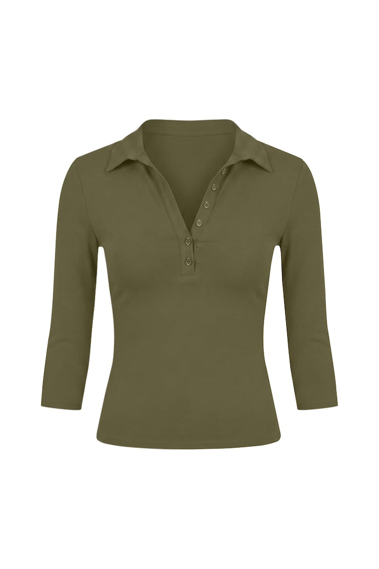 Sleek 3/4 Sleeve Polo Top, Kalamata Green, large
