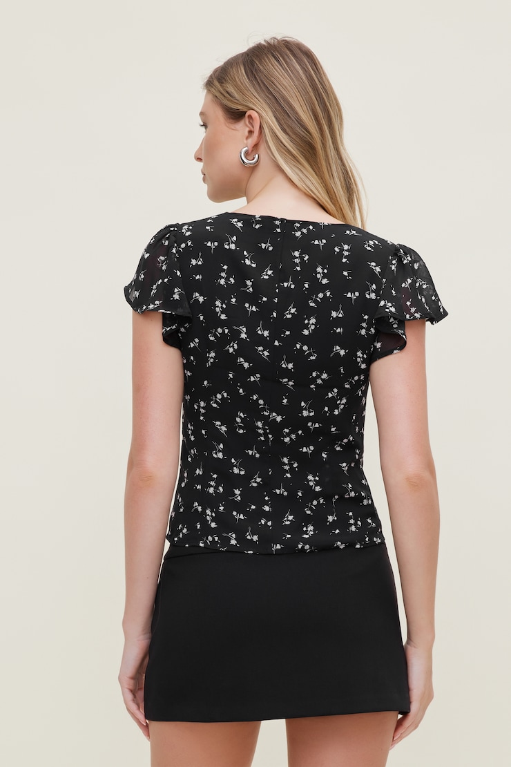 Blouse à manches à volants Noir à petites fleurs large