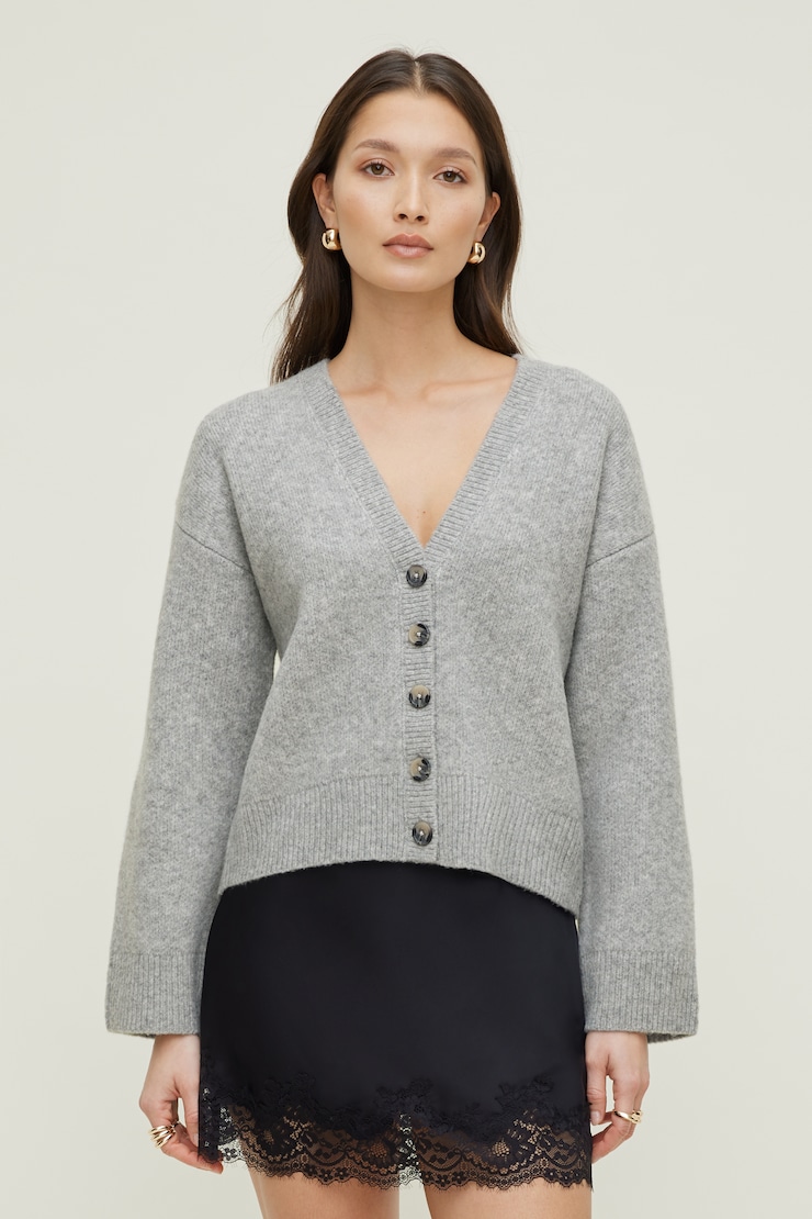 Cardigan décontracté à col en V Mélange gris d’automne large