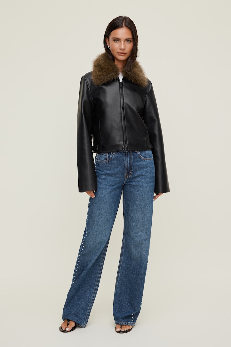 Faux Fur Collar Leather Jacket