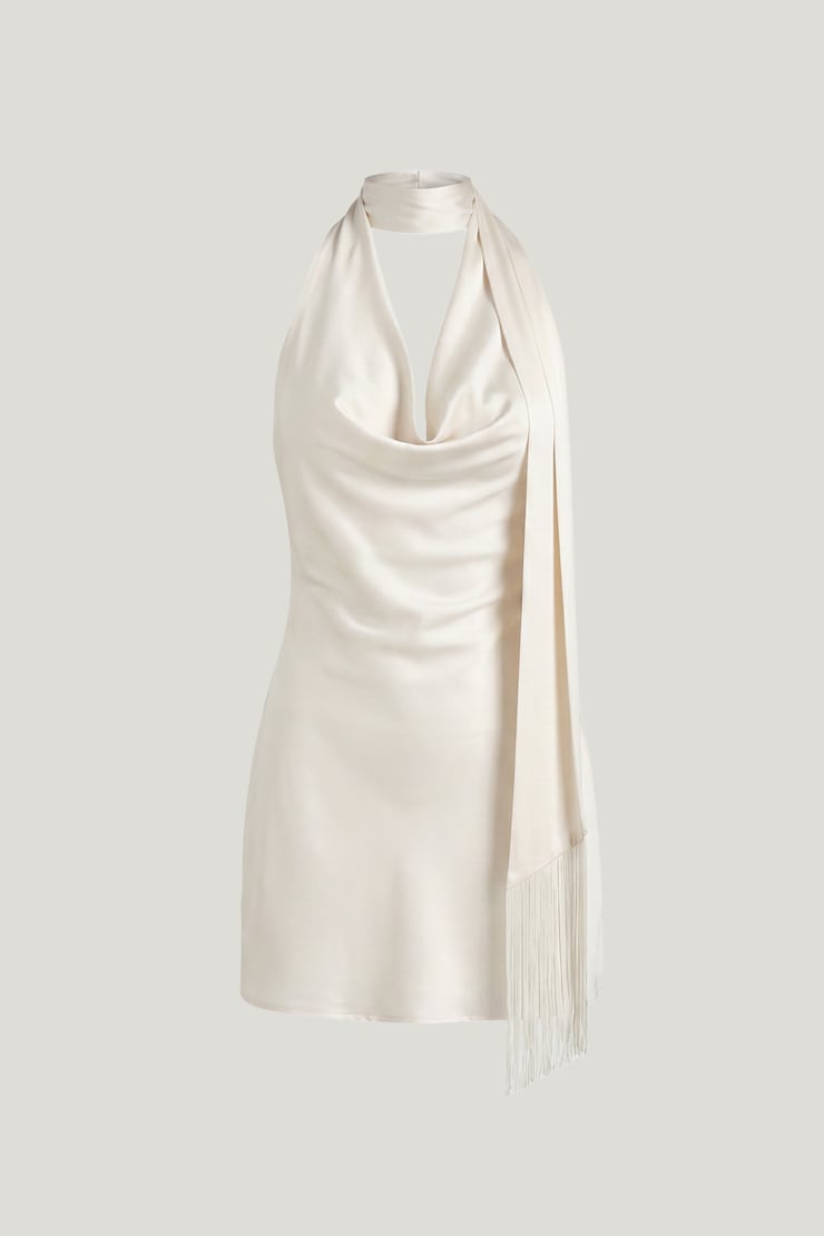 Fringe Scarf Satin Mini Dress Sea Salt Cream large