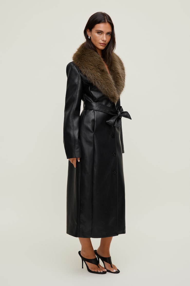 Manteau ceinturé en faux cuir Ciana Noir encre large