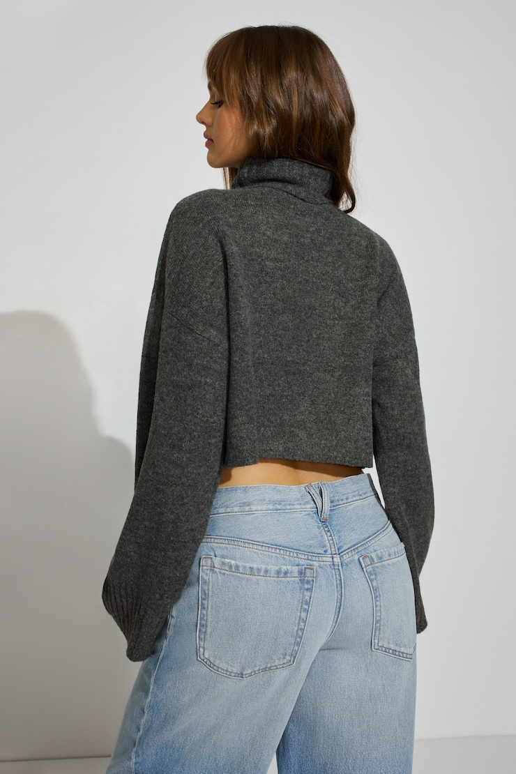 Spongy Cropped Turtleneck, Concrete Melange, large