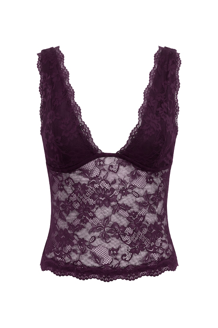 Lace Plunge Tank Top, Wild Berry Maroon, large