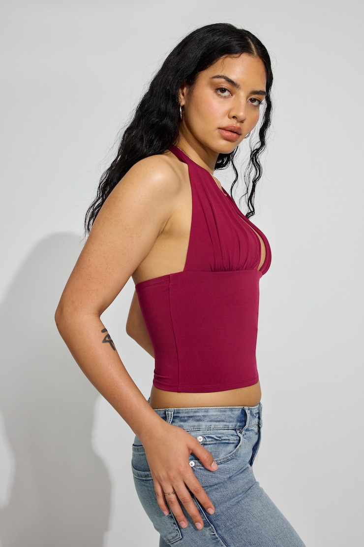 Pixie Plunge Halter Top, Sour Cherry Burgundy, large