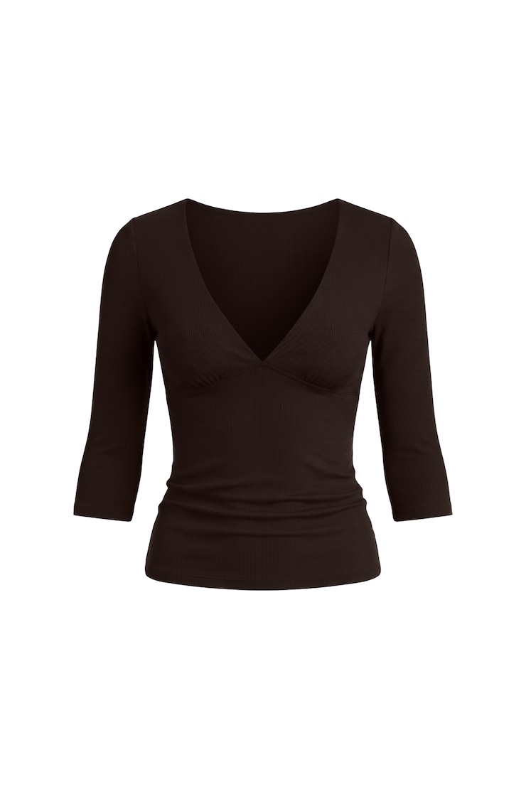 Plunge 3/4 Sleeve Top, CHOCOLATE MOUSSE, large
