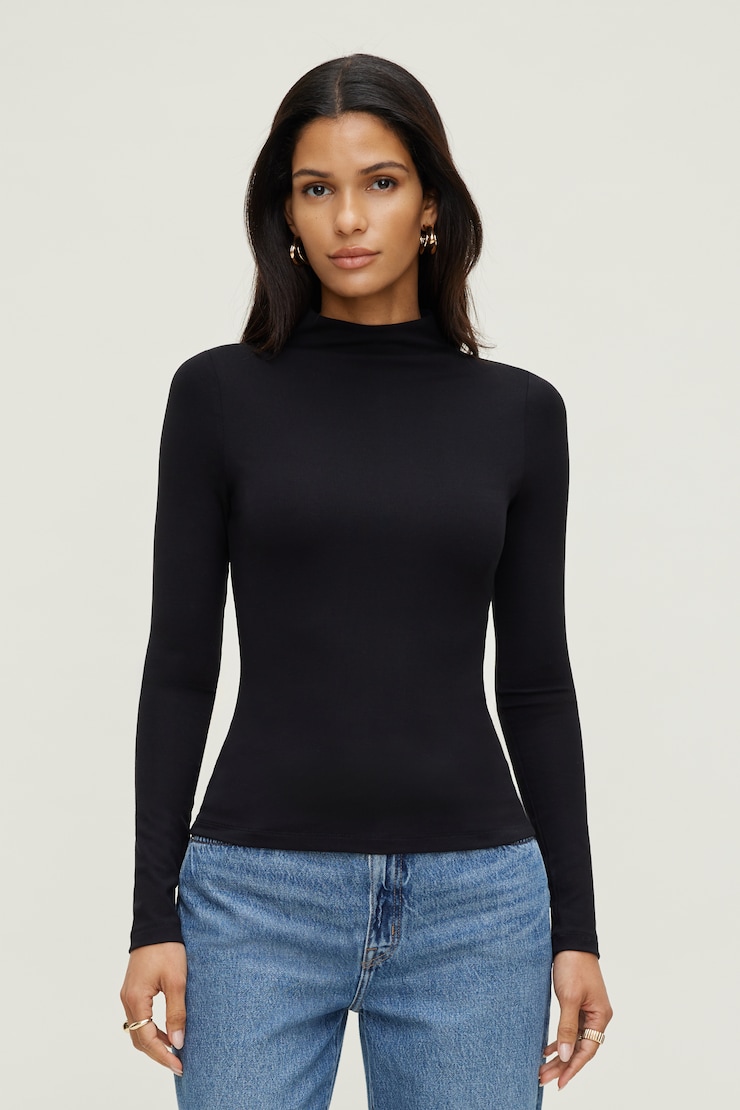 Mock Neck Long Sleeve Top Jet Black large