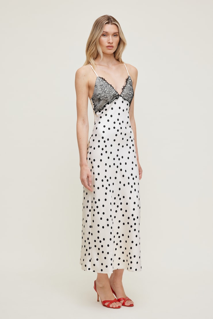 Lace Trim Satin Midi Dress Off White w/ Black Polka Dots large