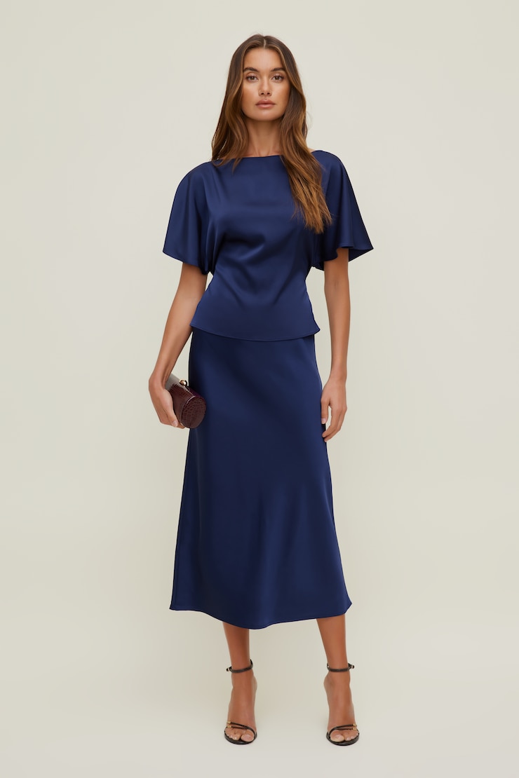 Blouse en satin Farra Bleu marine caverne océanique large
