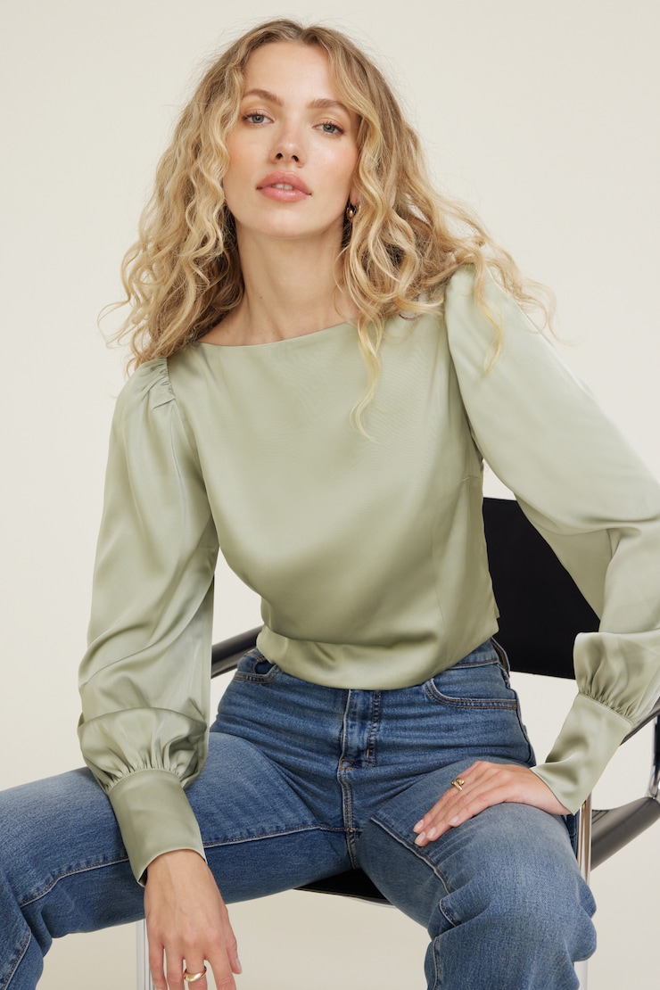 Faye Cropped Boat Neck Satin Blouse Seagrass Green large