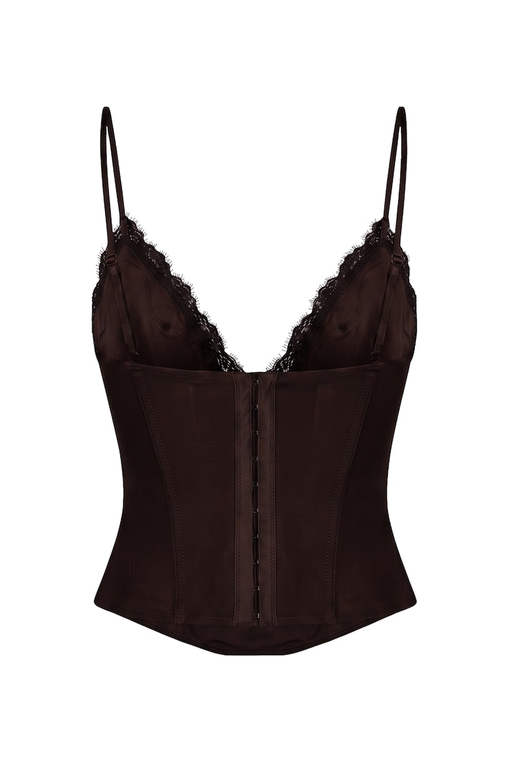 Adela Lace Trim Cami Corset, Chocolate Mousse Brown/Jet Black, large