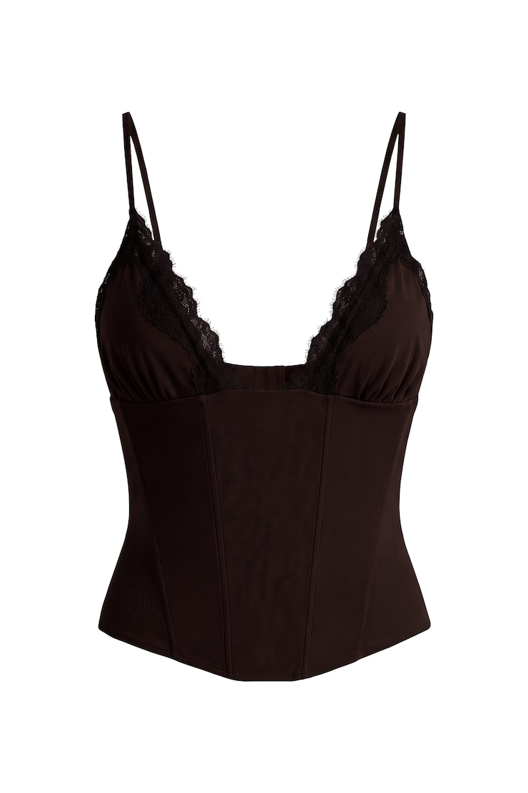 Adela Lace Trim Cami Corset, Chocolate Mousse Brown/Jet Black, large