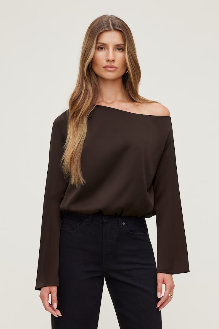 Off Shoulder Satin Blouse Purple | Dynamite
