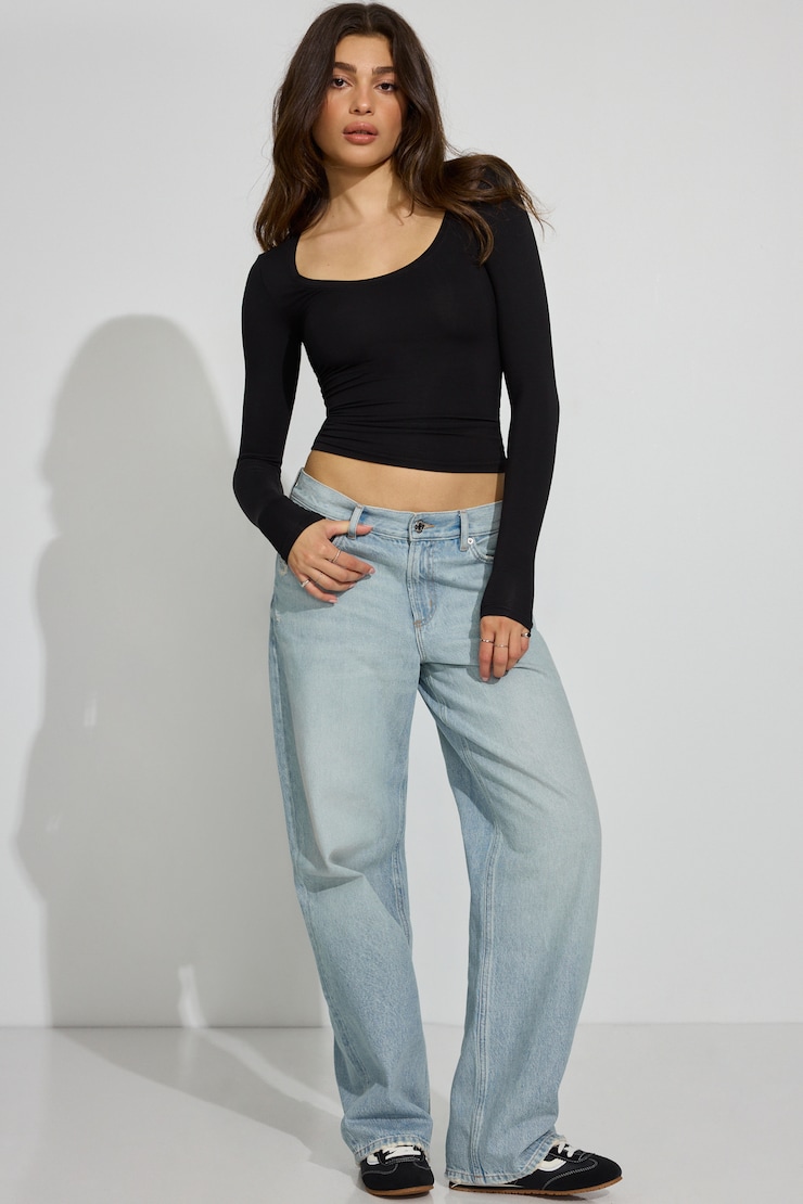 Smooth Scoop Neck Long Sleeve Top, Jet Black, large
