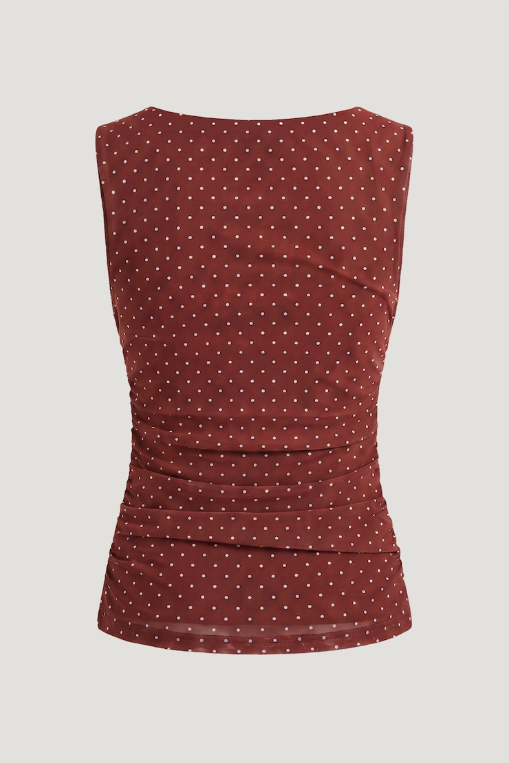 Nola Printed Mesh Tank Top Dark Paprika Burgundy w/ White Polka Dots large