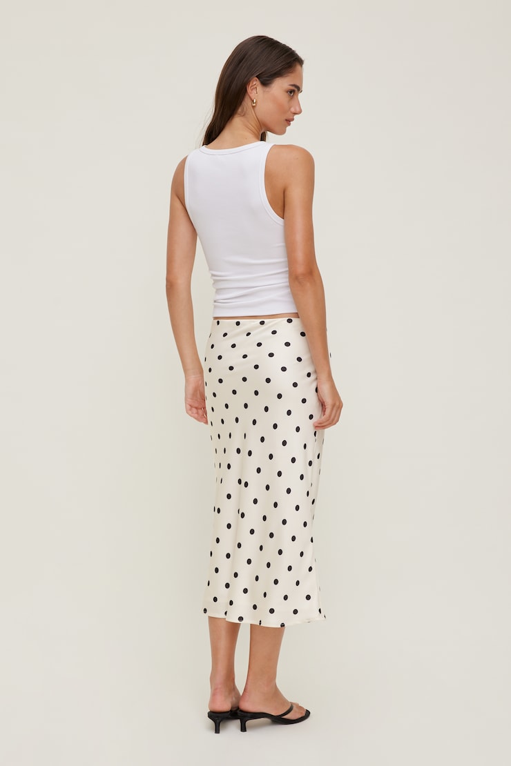Delila Satin Midi Skirt Off White w/ Black Polka Dots large