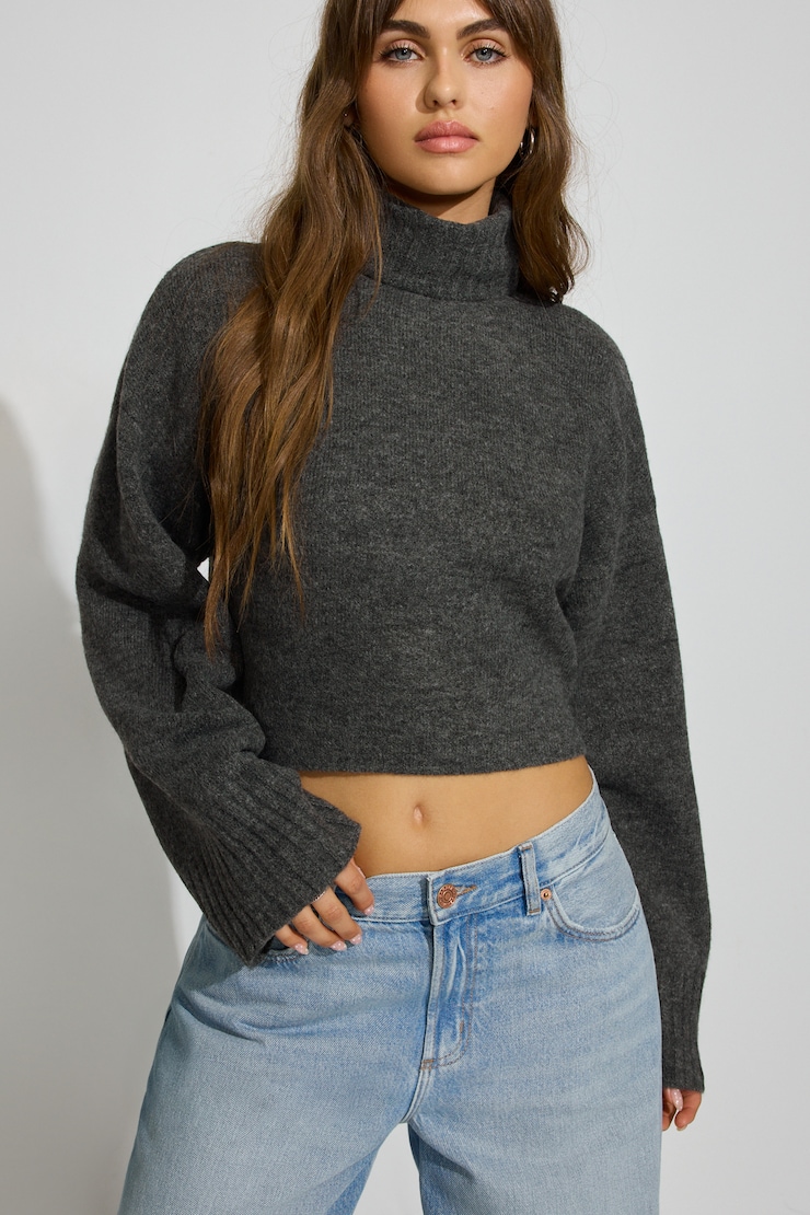 Spongy Cropped Turtleneck, Concrete Melange, large