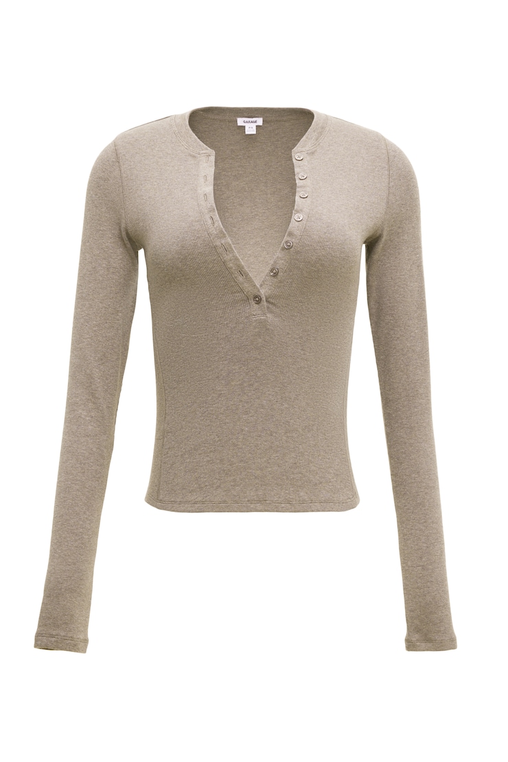 SnatchRib Crewneck Henley Long Sleeve Top, Chalet Brown, large
