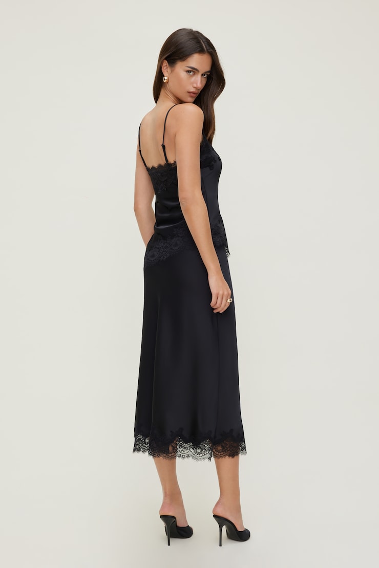 Lace Satin Midi Skirt Jet Black large