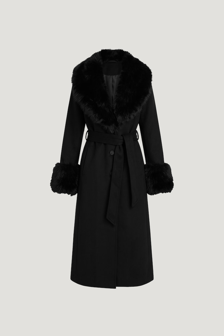 Faux Fur Trim Wool Coat Jet Black large