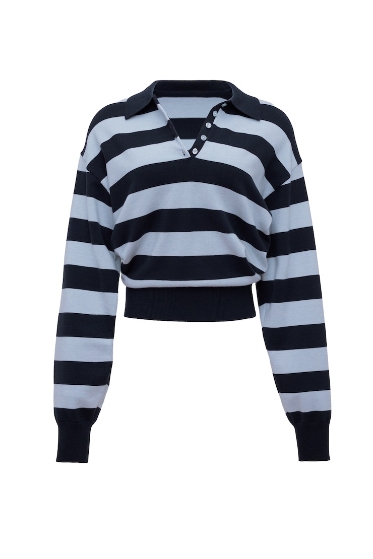 After Practice Polo Sweater, Naughty Navy Blue/Blue Flirt Stripes, large