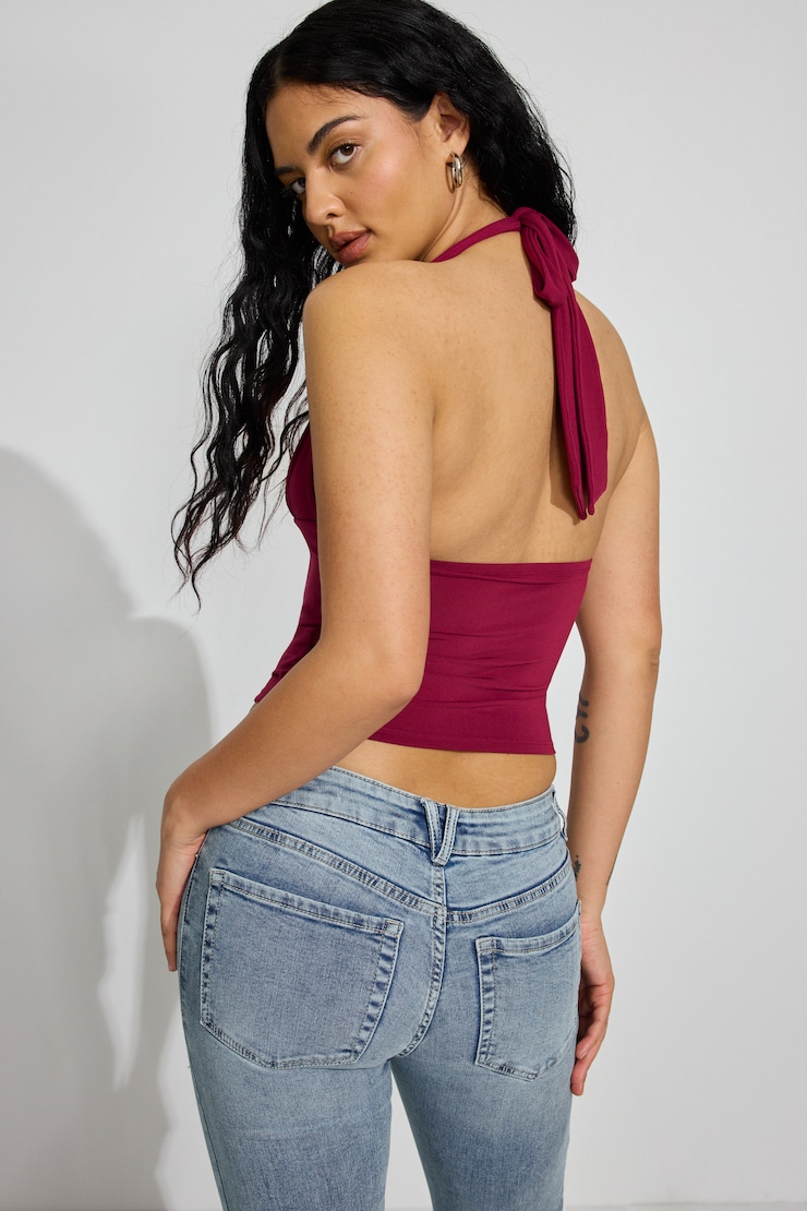 Pixie Plunge Halter Top, Sour Cherry Burgundy, large