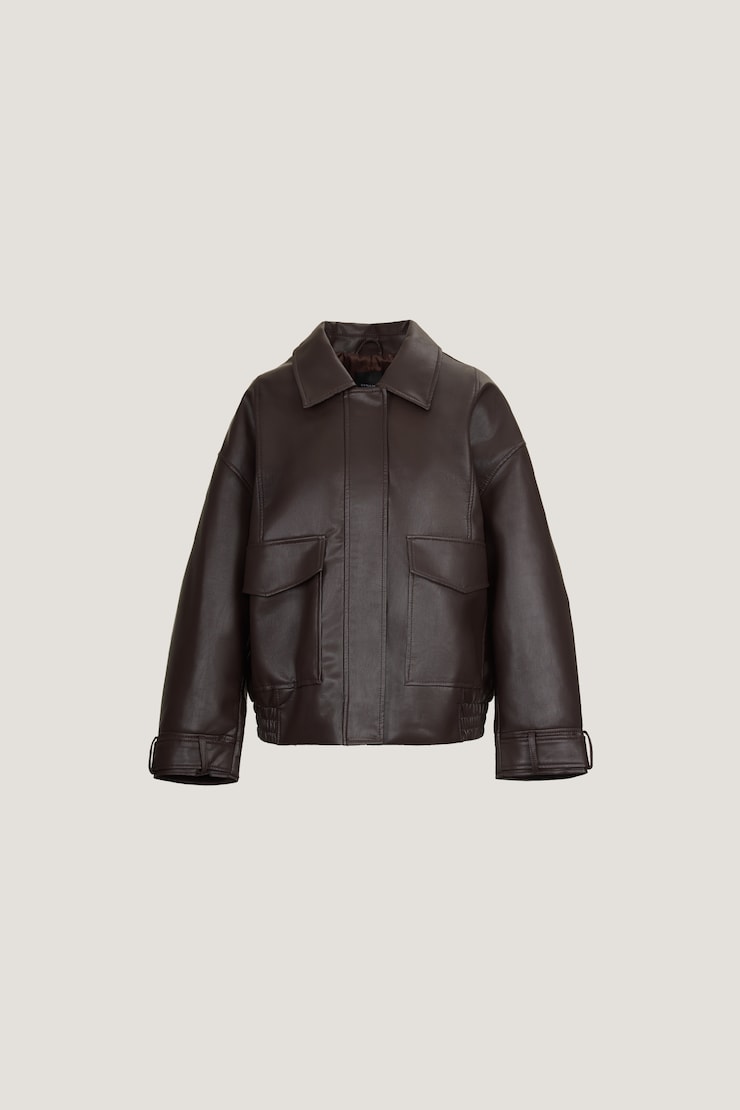Blouson aviateur ample en faux cuir Taupe brune à la française large