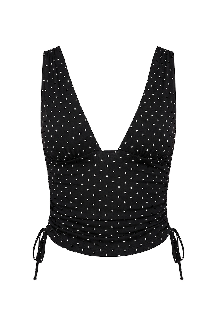Plunge Ruched Tie Mesh Top, Black/White Dots, large