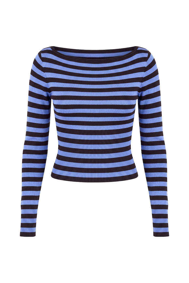 Ryan Fitted Boatneck Sweater, Blue Blush/Chocolate Mousse Brown, large