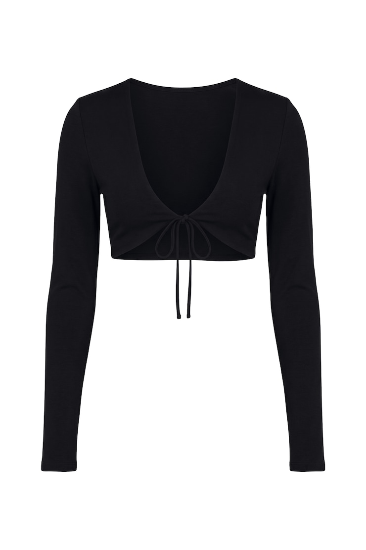 Sleek Tie Front Micro Long Sleeve Top, Jet Black, large