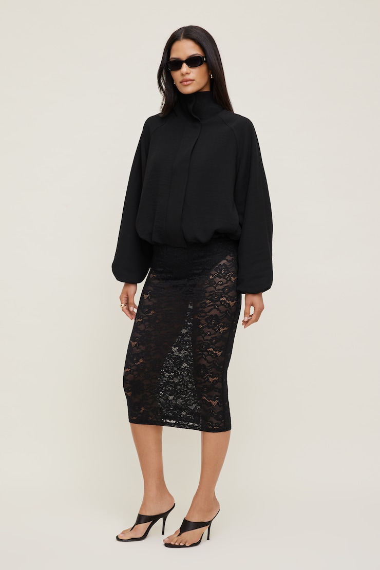 Sheer Lace Midi Skirt Black | Dynamite
