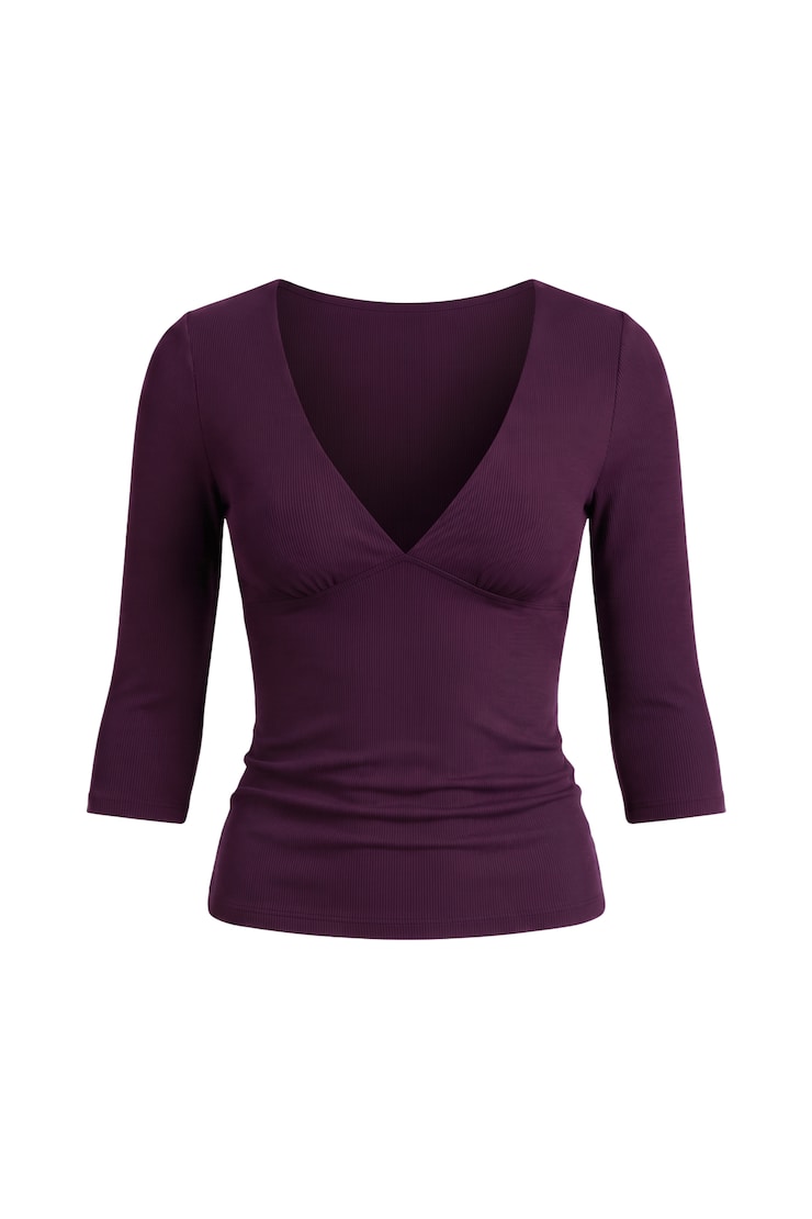 Plunge 3/4 Sleeve Top, Wild Berry Maroon, large