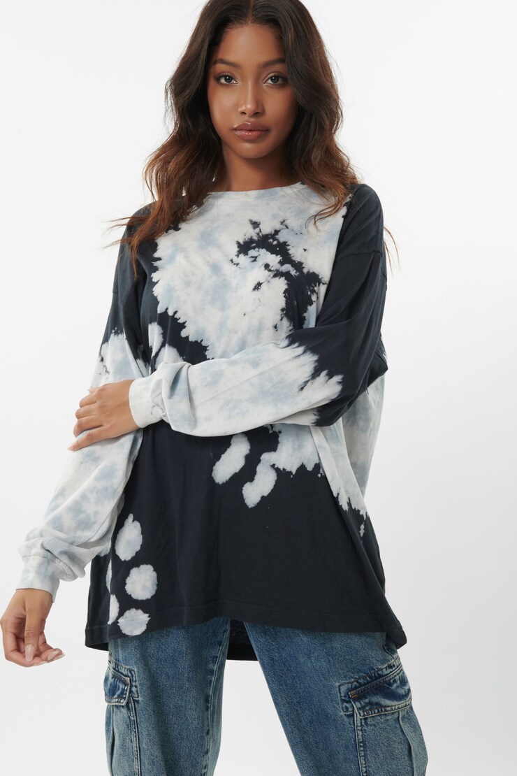 Boyfriend  Long Sleeve Tee , Navy Tie-dye, large