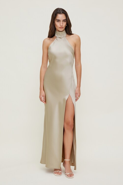 Satin Halter Maxi Dress - Dynamite - Beige - Women Clothing