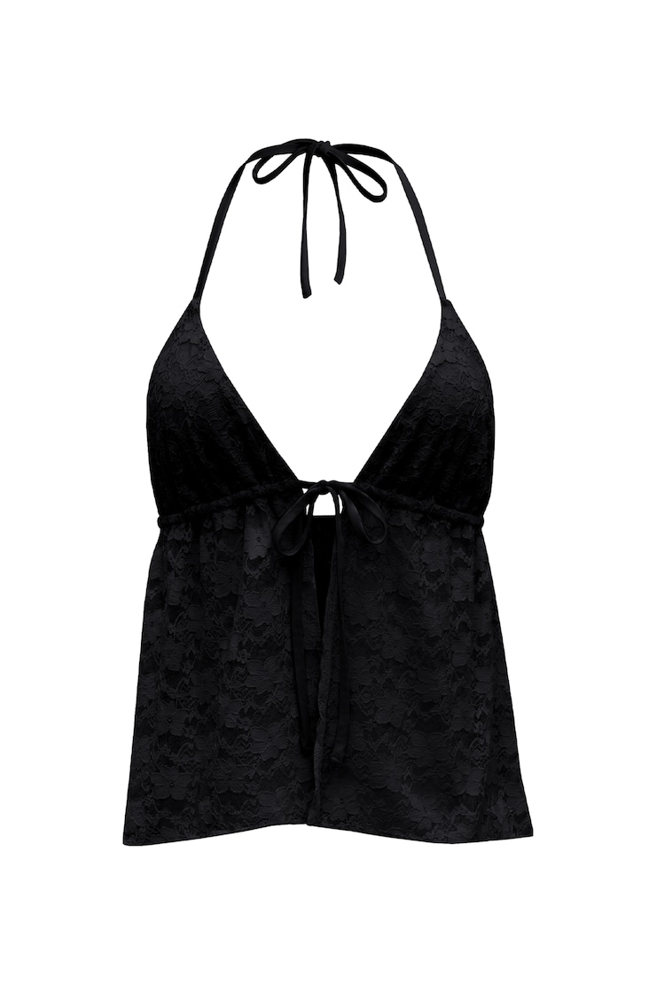 Lace Babydoll Flyaway Halter Top, Jet Black, large