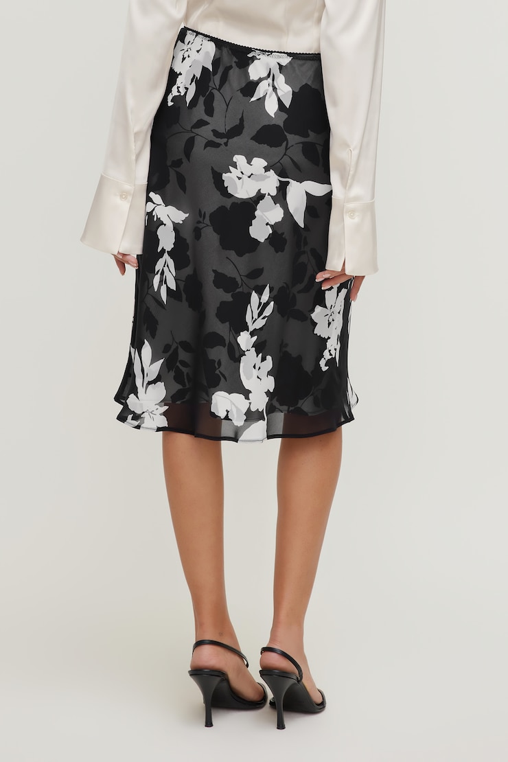 Jupe midi imprimée en satin et georgette Fleuri noir et blanc large