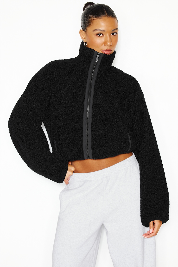 Blouson sherpa à fermeture éclair complète, Noir encre, large